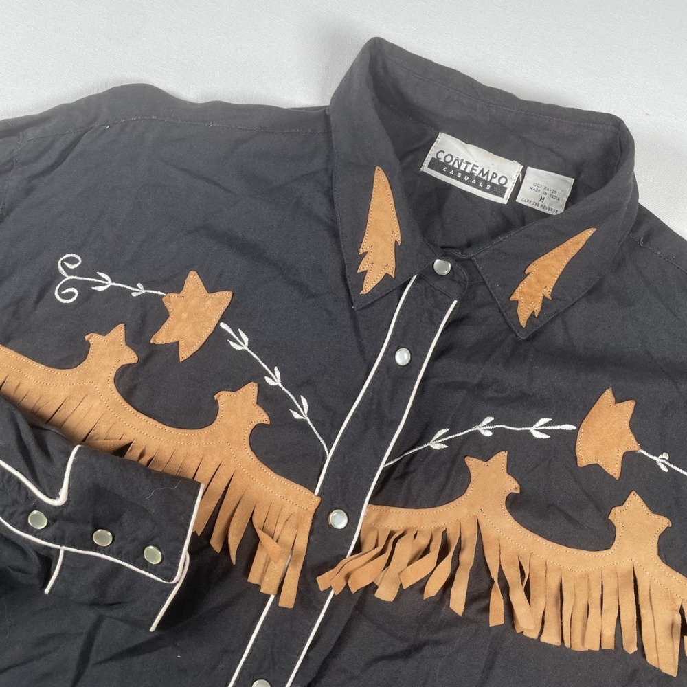 Contempo Casuals Vintage‎ Western Fringe Embroidered Rayon Shirt Medium